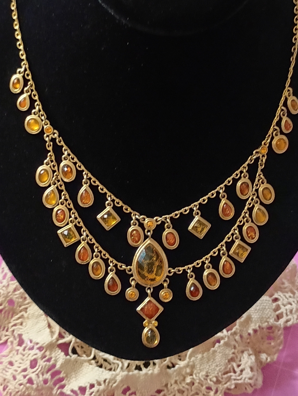 Gold-Tone Multi-Drop Amber Accent Layered Necklace